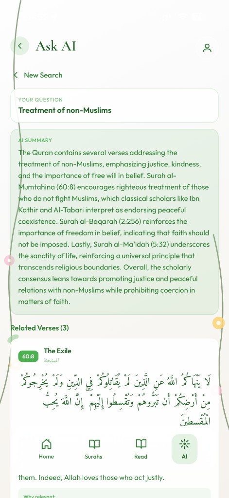 Quran AI tafsir chat answering a question with cited sources